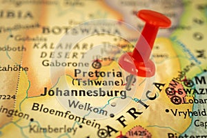 Location Johannesburg in South Africa, map with push pin close-up, travel and journey concept with marker, Africa