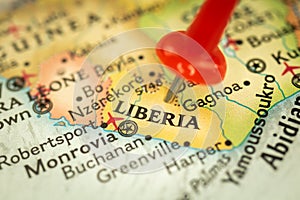 Location Liberia, map with push pin close-up, travel and journey concept with marker, Africa