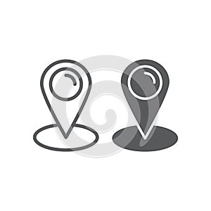 Location line and glyph icon, gps and navigation, map pin sign, vector graphics, a linear pattern on a white background.