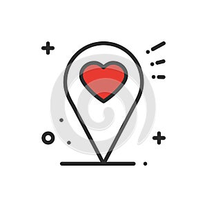 Location line icon. Map pin pointer sign and symbol. Navigation. Heart shape.