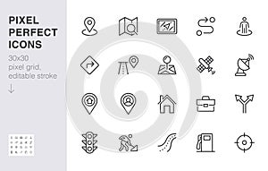 Location line icon set. Gps, proximity, road map, gas station, work destination, place marker minimal vector