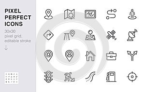 Location line icon set. Gps, proximity, road map, gas station, work destination, place marker minimal vector photo