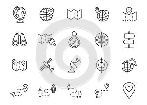 Location line icon set. Map pin, gps, route, distance marker, compass, satellite dish, wind rose outline vector