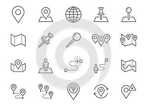 Location line icon set. Map pin, gps signal, route, distance marker, outline vector illustration. Simple linear