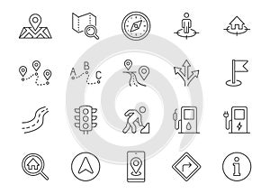 Location line icon set. Map pin, gps signal, route, distance marker, road works, fuel, traffic lights outline vector