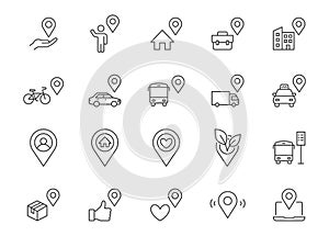 Location line icon set. Map pin, you are here, bus stop, taxi parking, green zone, place of work, cargo tracking outline