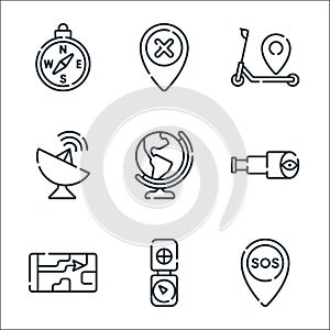 location line icons. linear set. quality vector line set such as sos, military, phone, telescope, globe, satellite dish, scooter,