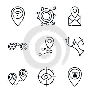 location line icons. linear set. quality vector line set such as store, search, route, stars, destination, binocular, letter,