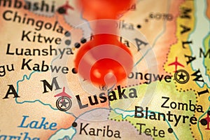 Location Lusaka in Zambia, map with push pin close-up, travel and journey concept with marker, Africa