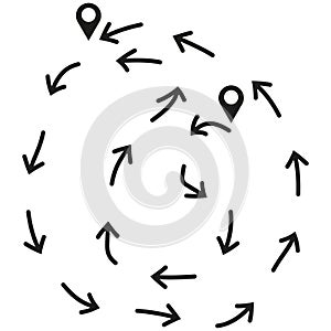 Location map icon. Arrow path symbol. Direction vector shape. Black navigation design.