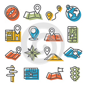 Location and map icons set on white background