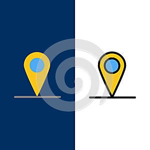 Location, Map, Interface  Icons. Flat and Line Filled Icon Set Vector Blue Background