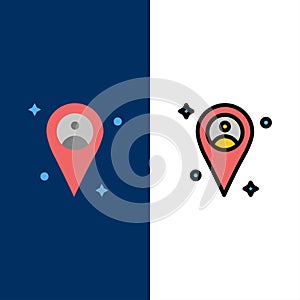 Location, Map, Man  Icons. Flat and Line Filled Icon Set Vector Blue Background