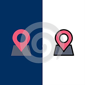 Location, Map, Marker, Pin  Icons. Flat and Line Filled Icon Set Vector Blue Background