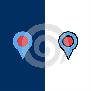 Location, Map, Marker, Pin  Icons. Flat and Line Filled Icon Set Vector Blue Background