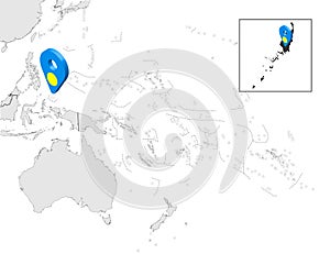 Location Map of  Palau on map Oceania and Australia. 3d Republic of Palau flag map marker location pin. High quality map of Palau