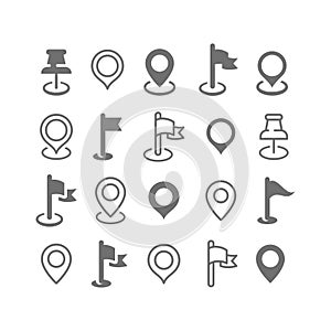 Location, map pin and flag line and fill vector icon set