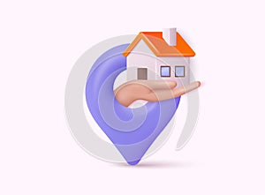 Location map pin with hand and house. Real estate concept. Property insurance template. 3D Web Vector Illustrations