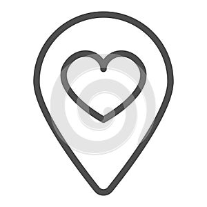 Location map pin with heart line icon, dating concept, favourite place vector sign on white background, outline style