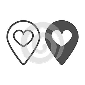 Location map pin with heart line and solid icon, dating concept, favourite place vector sign on white background