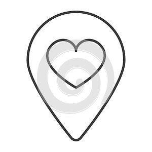 Location map pin with heart thin line icon, dating concept, favourite place vector sign on white background, outline