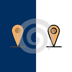 Location , Map, Pin  Icons. Flat and Line Filled Icon Set Vector Blue Background