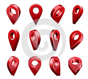 Location map pin pointer icons. Geo locator system sign, travel map pins and red navigational markers in different 3D angles