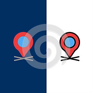 Location, Map, Pointer, Pin  Icons. Flat and Line Filled Icon Set Vector Blue Background