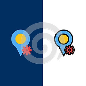 Location, Map, Settings  Icons. Flat and Line Filled Icon Set Vector Blue Background