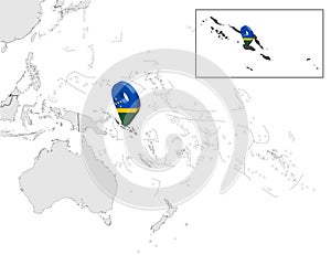 Location Map of Solomon islands on map Oceania and Australia. 3d Solomon islands flag map marker location pin. High quality map of