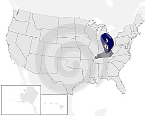 Location Map of  State Kentucky on map USA. United States of America.  3d State Kentucky flag map marker location pin. High qualit