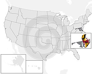 Location Map of State Maryland on map USA. 3d State Maryland flag map marker location pin. High quality map of Maryland.