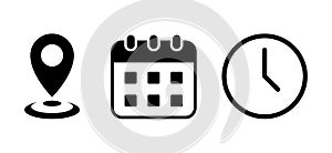 Location marker, calendar, and clock icon vector. Address, date, and time sign symbol