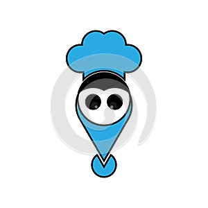 location marker and chef's hat with bird face icob logo