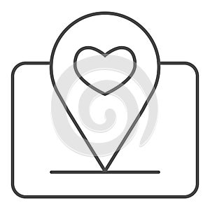 Location marker with heart thin line icon. Love meeting with map pin symbol, outline style pictogram on white background