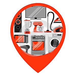Location marker with home appliances. Household items for sale and shopping advertising poster