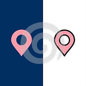 Location, Marker, Pin  Icons. Flat and Line Filled Icon Set Vector Blue Background