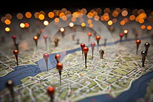 Location marking on a map of Paris with routes, red pins