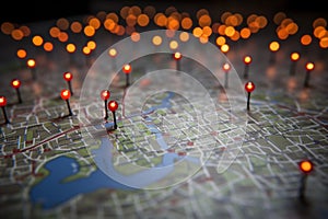 Location marking on a map of Paris with routes, red pins photo