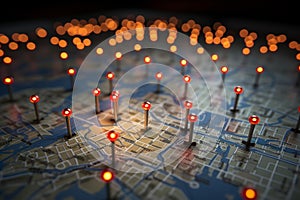 Location marking on a map of Paris with routes, red pins photo