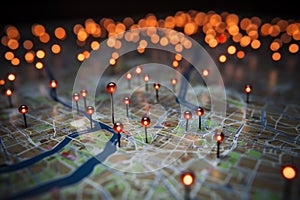 Location marking on a map of Paris with routes, red pins photo