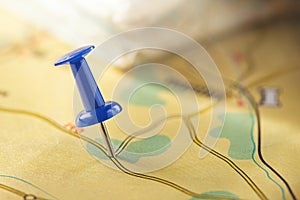 Location marking with pin on map. Travel and journey concept