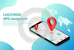 Location. Mobile navigation. GPS. Isometric. Suitable for website page, infographics, advertising, applications