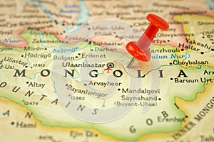 Location Mongolia, travel map with push pin point marker close-up, Asia journey concept