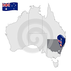 Location of New South Wales on map Australia. 3d New South Wales  flag map marker location pin. Quality map with States of Austral