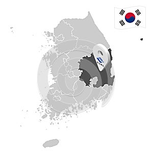 Location of North Gyeongsang on map South Korea. 3d location sign similar to the flag of Gyeongsangbuk-do. Quality map  with  prov