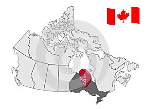 Location of  Ontario on map Canada. 3d Ontario location sign. Flag of Ontario Province. Quality map of Canada.