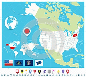 Location of Pennsylvania on USA map with flags and map icons