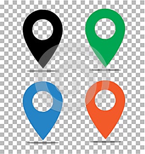 location pin icon on transparent. pin on the map sign. flat style. black, green, blue and orange location pin symbol. map pointer