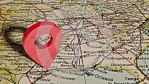 Location pin over the city of Houston on map of United States of America.